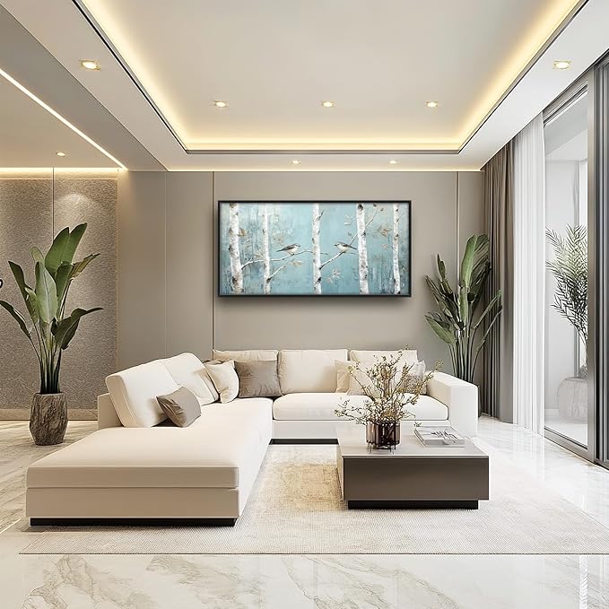 Flintis Large Birch Tree Bird Framed Wall Art Forest Birds Pictures Wall Decor Abstract Natural Landscape Canvas Painting Print Artworks Framed for Living Room Bathroom Master Bedroom 60L X 30W