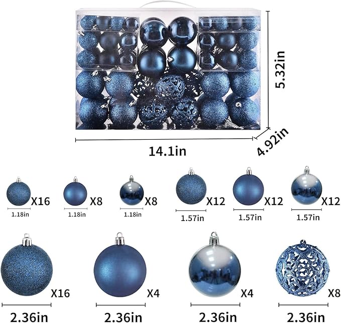 Christmas Balls Tree Ornaments, Shatterproof Christmas Decorations Set with Reusable Hand-held Gift Package for Holiday Xmas Tree Decor (100, Navy Blue)