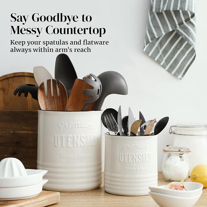 DOWAN 7.2″ Extra Large Kitchen Utensil Holder, Farmhouse Utensil Holder for Countertop, Ceramic Utensil Crock with Protection Cork Mat, Utensil Organizer for Kitchen Decor & Housewarming Gift, White