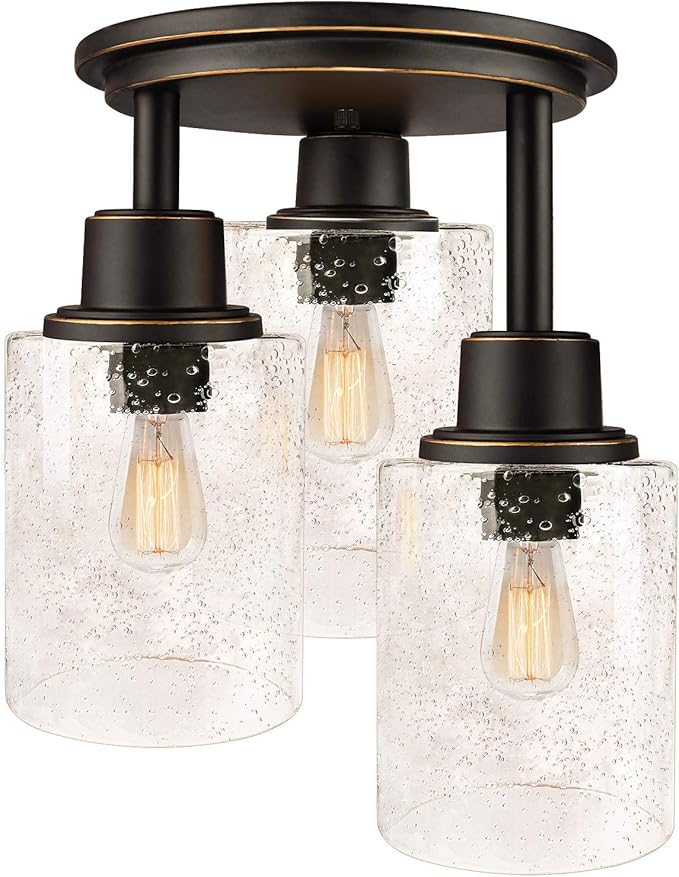 Semi Flush Mount Ceiling Light, 3-Light Close to Ceiling Light Fixtures, Vintage Oil-Rubbed Bronze Finish with Clear Seeded Glass Shade Chandelier Lighting for Stairs Porch Hallway Entryway Kitchen