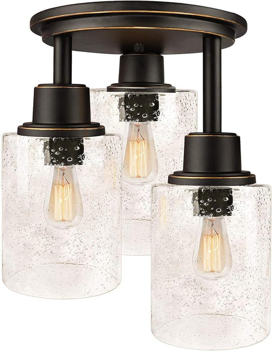 Semi Flush Mount Ceiling Light, 3-Light Close to Ceiling Light Fixtures, Vintage Oil-Rubbed Bronze Finish with Clear Seeded Glass Shade Chandelier Lighting for Stairs Porch Hallway Entryway Kitchen