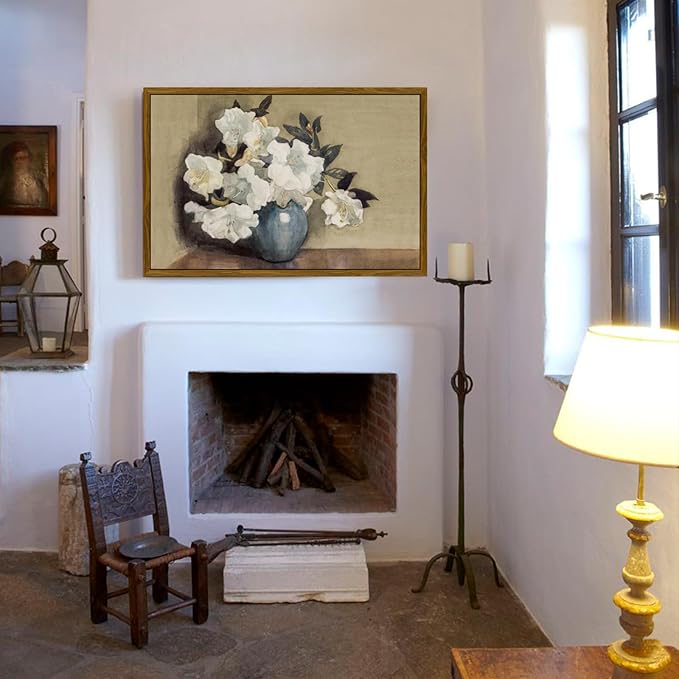 crmotu Vintage Framed Wall Art, White Magnolia Floral Botanical Canvas Painting Prints, Classical Still Life Flower Large Artwork, Nature Plant Antique Pictures Wall Decor Living Room Bedroom 24x36in