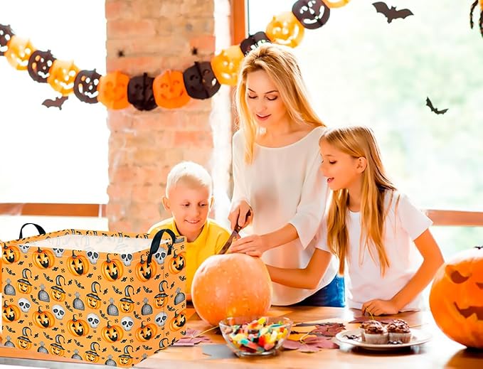 CLOCOR Rectangular Storage Basket Empty,Gift Basket for Halloween, Waterproof Storage Bin with Handles,Room Decor(Yellow Pumpkin)