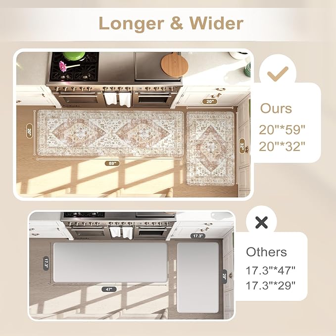 KIMODE Anti Fatigue Kitchen Mats for Floor 2 Piece 20"x59"+20"x32", Khaki Boho Distressed Kitchen Rugs, Non Slip Waterproof Kitchen Floor Mat, Comfort Foam Standing Mat for Sink Laundry Office Desk