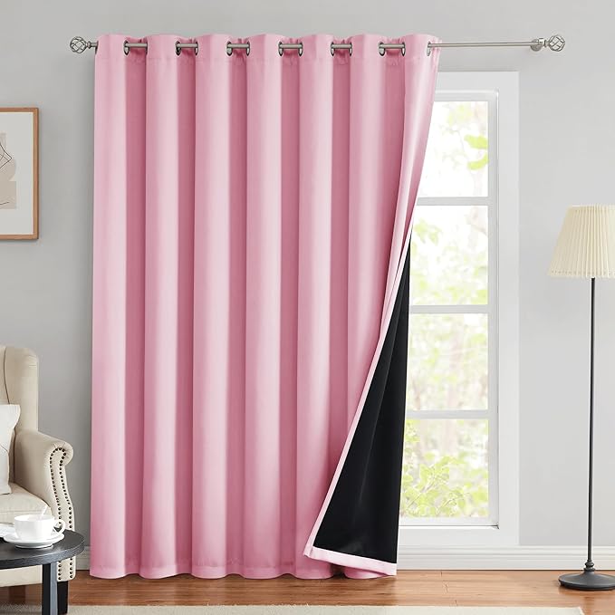Beauoop 100% Blackout Curtains 96 Inches Long for Patio Sliding Door Pink Solid Extra Wide Room Darkening Thermal Insulated Room Divider Soundproof Grommet Window Treatment Drapes,100x96 Set of 1