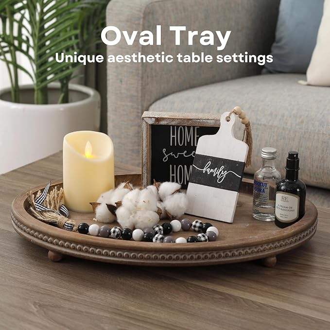 Decorative Tray, Oval Wooden Tray for Coffee Table Decor Kitchen Dinning Table Entryway, Small Beaded Tray for Holidays, Distressed Brown