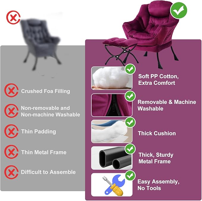 Lazy Chair with Ottoman, Modern Chair with Folding Footrest, Lounge Accent Chair, Comfortable Reading Chair (Velvet Dark Purple)