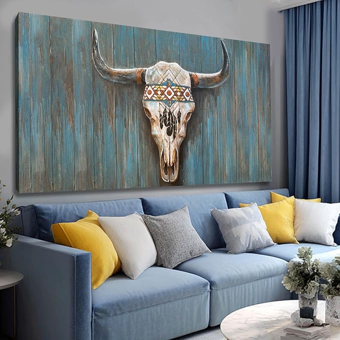 Cow Home Decor White and Blue Wall Art Modern Wall Decorations 29"x58" Large Artwork for Living Room Office Poster Printing