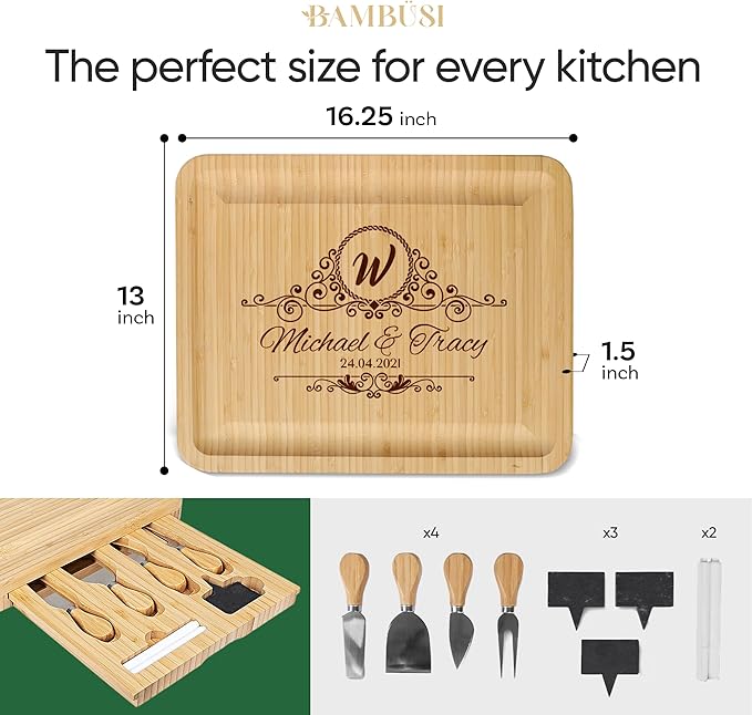 Personalized Charcuterie Board Gift Set - Engraved Bamboo Cheese and Meat Platter, Custom Cutting Board for Wedding, Housewarming Gifts New Home, Birthday, Anniversary, Newlywed, Kitchen Serving Tray
