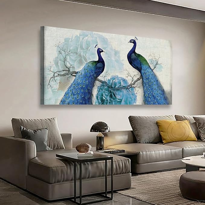 Peacock Canvas Wall Art for Living room Office Bedroom Animal Wall Art Print Oil Paintings Modern Beautiful Flowers Pictures Blue Wall Decor Artwork Waterproof Ready to Hang - 20in * 40inch
