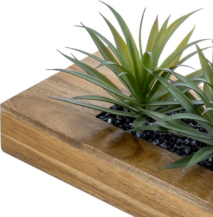 MyGift 15 Inch Large Artificial Green Grass Plants in Premium Acacia Solid Wood Decorative Planter, Tabletop Faux Greenery Decor with Wooden Rectangular Container
