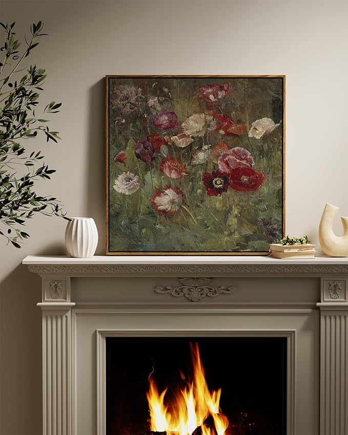 InSimSea Square Framed Canvas Wall Art, Large Decor A Bed of Poppies Paintings, Classical Floral Wall Pictures for Bedroom Bathroom Living Room, Canvas Prints Vintage Home Decor 24"x24"