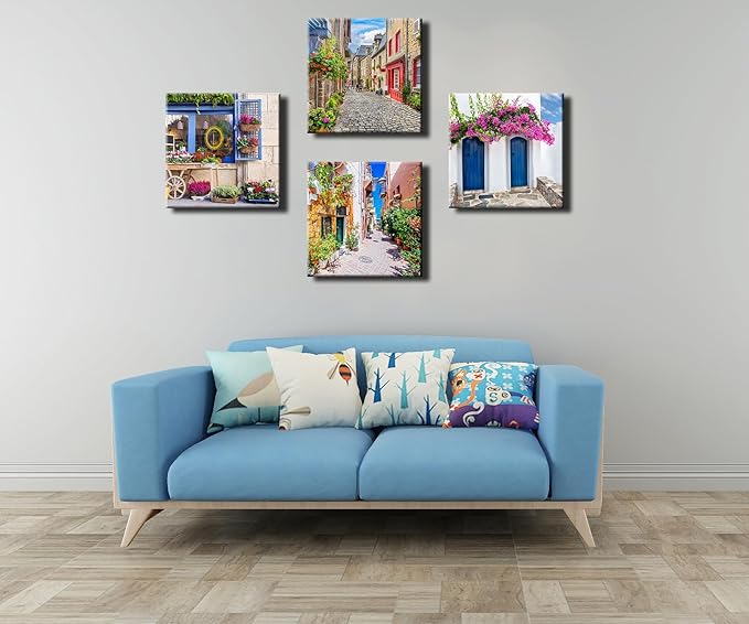 Italy Tuscan Wall Art, Colorful Nature Scenic Framed Pictures Canvas Prints, Modern Town Street Artwork Paintings for Living Room, Bedroom, Office Wall Decor 16"x16"