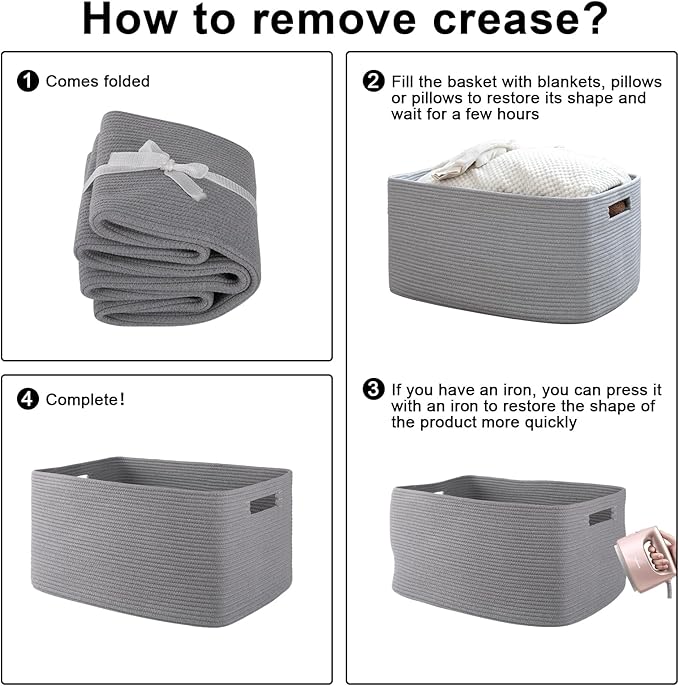 OIAHOMY 75L Large Blanket Basket, Woven Blanket Storage Basket with Handle, Cotton Rope Basket for Organizing 22”x17”x12”, Blanket Basket living Room, Toy Basket for Nursery, Grey