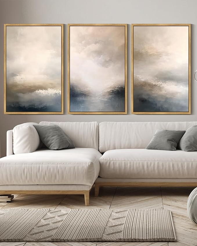 KUVIOKE Boho Abstract Wall Art Framed Minimalist Beige Gray Prints Watercolor Neutral Rustic Artwork Hallway Bedroom Living Room Decor 16x24in (Natural Framed)