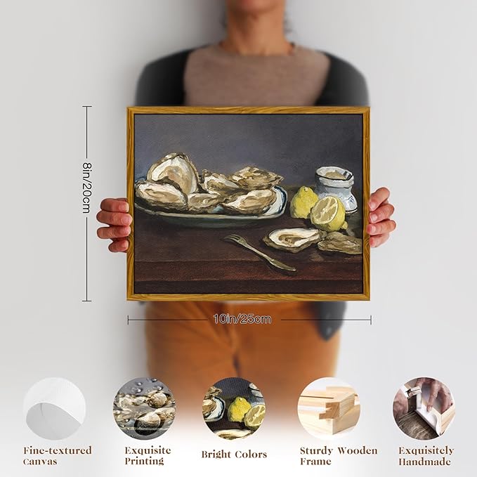 crmotu Vintage Framed Wall Art, Oysters and Lemon Kitchen Decor Painting, Still Life Artwork Canvas Prints, Rustic Farmhouse Wall Decor Living Room Dining Room Tabletop Aesthetic Pictures 8x10in