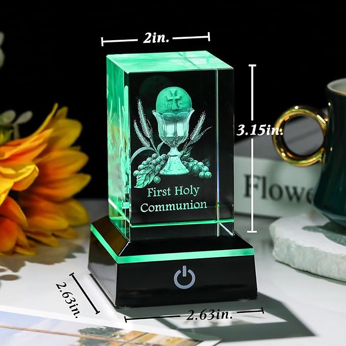 Movdyka 3D Crystal First Communion Gifts for Girls Boys Decorations Laser Engraved 3D Holy Grail Figurine Catholic Baptism Gifts with Colorful LED Base