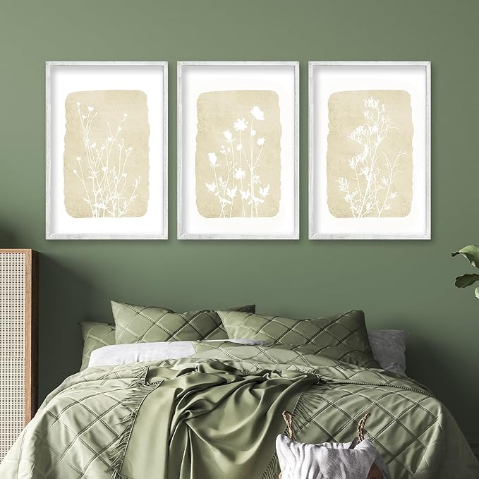 Wildflower Floral Botanical Wall Art Decor 24x16 Inch 3 Piece Boho Plant Wooden Framed Sign Rustic Farmhouse Home Office Relax Illustrations Neutra Minimalist Living Room Wall Hanging (White)