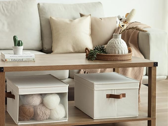 StorageWorks Storage Bins with Lid and Clear Window, Fabric Storage Boxes with Lids, Stackable Basket for Shelves, Closet Organizer and Storage Bins, Beige, Large, 4-Pack