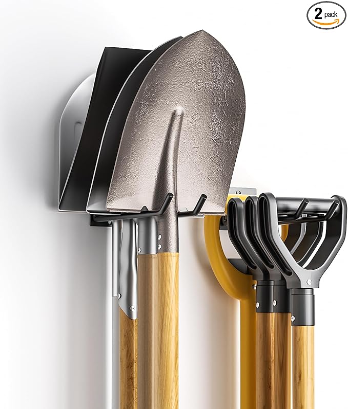 Garden Tool Organizer Rack, Wall Mount Garage Tool Organizer Storage Hook for Yard Shed, Metal Garage Garden Tool Hanger for Lawn Organizer Holds Shovel,Rakes,brooms,Hoses 2 Pack