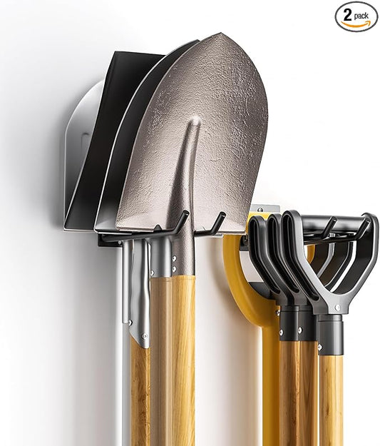 Garden Tool Organizer Rack, Wall Mount Garage Tool Organizer Storage Hook for Yard Shed, Metal Garage Garden Tool Hanger for Lawn Organizer Holds Shovel,Rakes,brooms,Hoses 2 Pack
