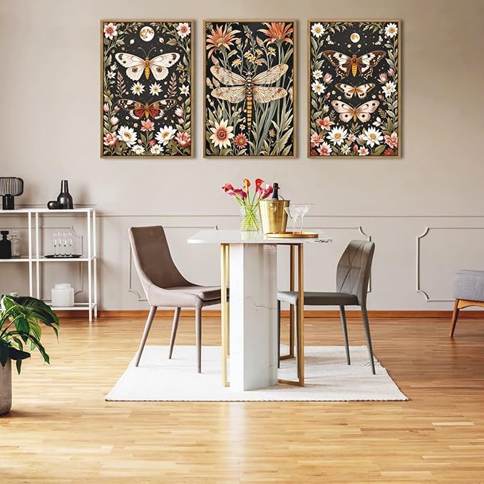 ANHUIB William Morris Wall Art 16x24 Inch Vintage Floral Wall Decor Framed Butterfly Dragonfly Prints Nature Botanical Animal Artwork Set of 3 for Living Room Bedroom Office