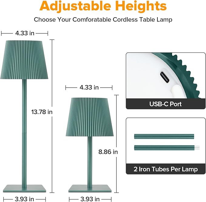 LUTEC 2 Pack Cordless Table Lamp,6000mAh Rechargeable Battery Operated Desk Lamp,Two Adjustable Heights,Waterproof, Touch Control & 3 Color Stepless Dimming for Restaurant/Bedroom/Bars/Outdoor (Green)