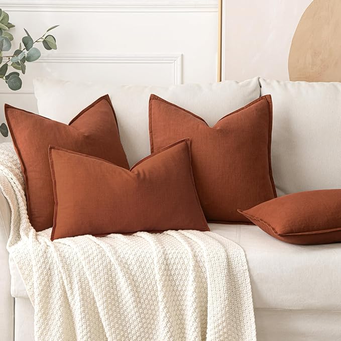 MIULEE Fall Decorative Linen Pillow Covers 18x18 Inch Rust Boho Farmhouse Neutral Couch Throw Pillows for Bed Pack of 2 Accent Modern Pillowcase Summer Sofa Livingroom Home Decor