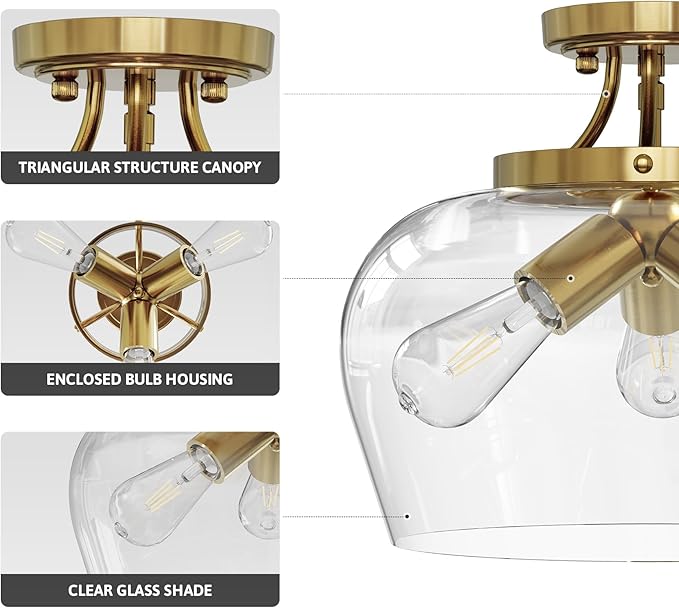 VONLUCE Semi Flush Mount Ceiling Light, 13.8" Ceiling Light Fixture with Clear Glass Shade, E26 Base, 3-Bulb Industrial Ceiling Light for Hallway Entryway Kitchen Bedroom, Brushed Gold