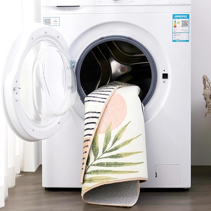 RoomTalks Boho Cute 3x5 Small Area Rugs Washable, Modern Abstract Geometric Shape with Tropical Leaves Non Slip Throw Rugs for Bedroom Kitchen Entryway Indoor Botanical Accent Carpet