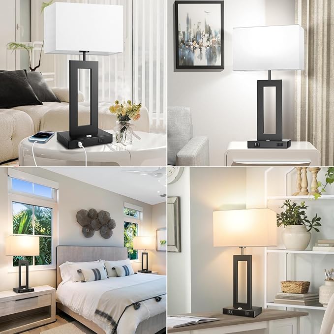 3 Color Temperatures Table Lamps for Bedrooms Set of 2, 22’’ Touch Control Bedside Nightstand Lamps with 2 USB Ports & AC Outlet, Stepless Dimmable Lamps with White Shade, Modern Decor for Living Room