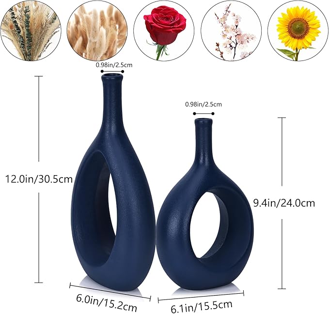 Navy Blue Ceramic Hollow Elliptical Vase Set of 2 - Boho Circle Vase with Hole, for Modern Navy Blue Table Decor, Living Room Decor Shelf mid Century Modern Home Entrance Decorative vase