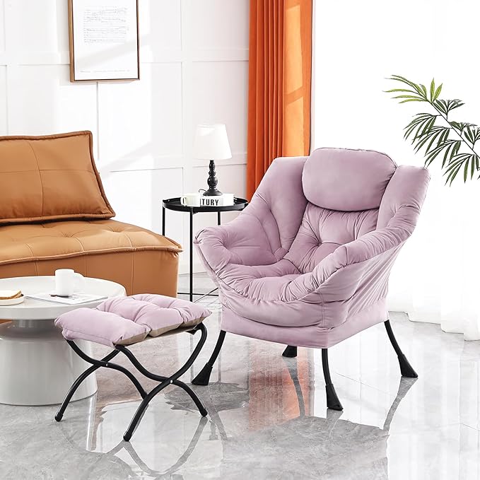Lazy Chair with Ottoman, Modern Chair with Folding Footrest, Lounge Accent Chair, Comfortable Reading Chair (Velvet Light Purple)