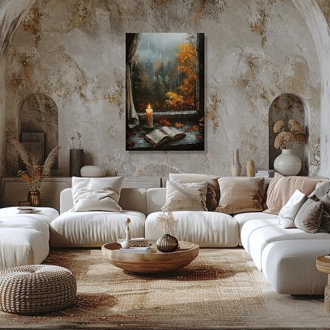 Fall Canvas Wall Art Cozy Bookish Posters Autumn Pictures Prints Moody Dark Cottagecore Academia Art Room Living Wall Decor 16x24inch Framed