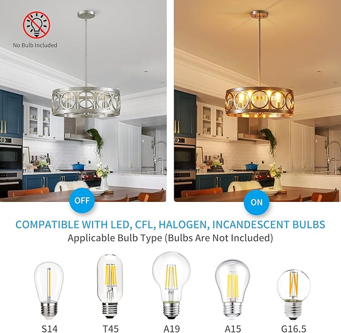 XINGQI 6-Light Modern Chandelier Brushed Nickel Farmhouse Dining Room Chandeliers, 21.7'' Drum Pendant Light Fixture Height Adjustable for Living Room Home Office