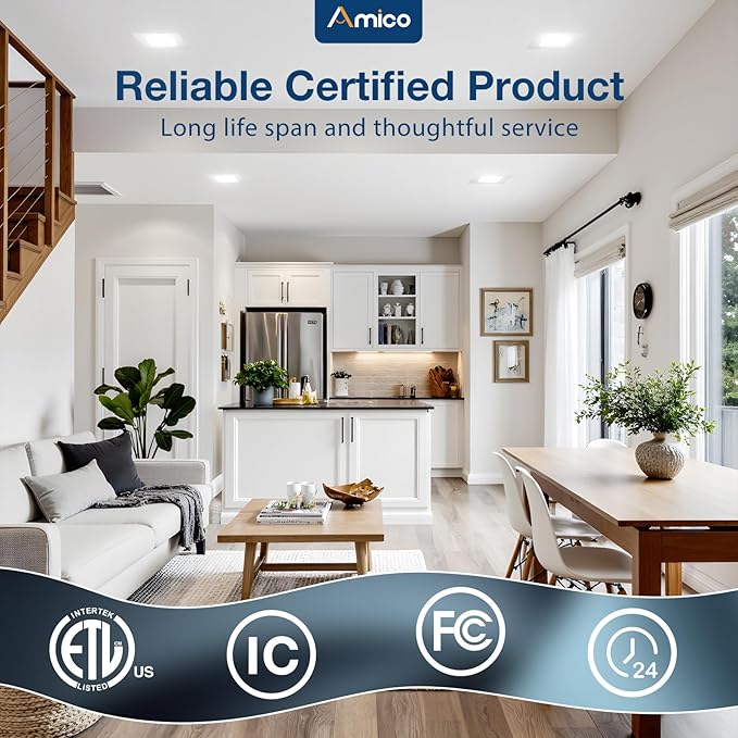 Amico 6 Pack 4 Inch Ultra-Thin LED Square Recessed Light with Junction Box, 5CCT 2700K/3000K/3500K/4000K/5000K Selectable, 700LM Brightness, Dimmable Canless Wafer Downlight, 10W, ETL&FCC