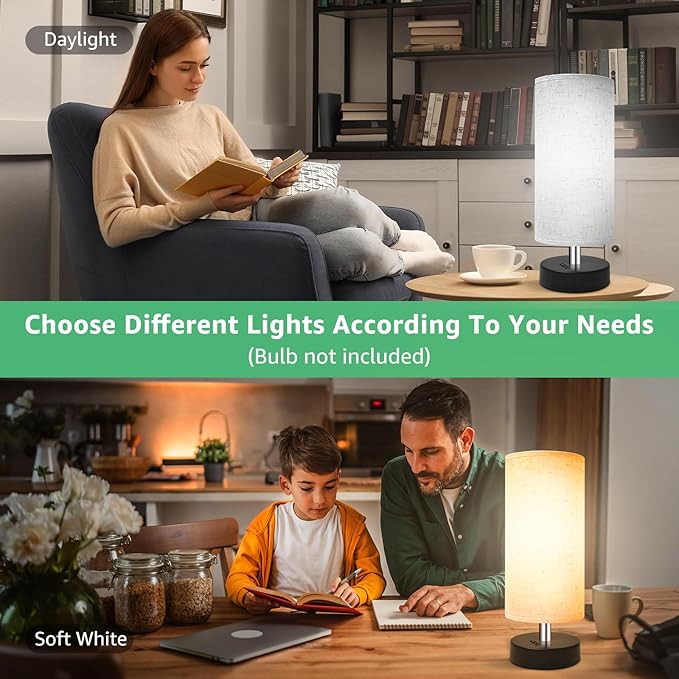 Small Lamp for Bedroom, Bedside Lamps for Night Stands, Mini Minimalist Table Lamp with Round Flaxen Fabric Shade, 11 Inch Desk Reading Lamp for Dorm Room Living Room Office Room, 1 Pack