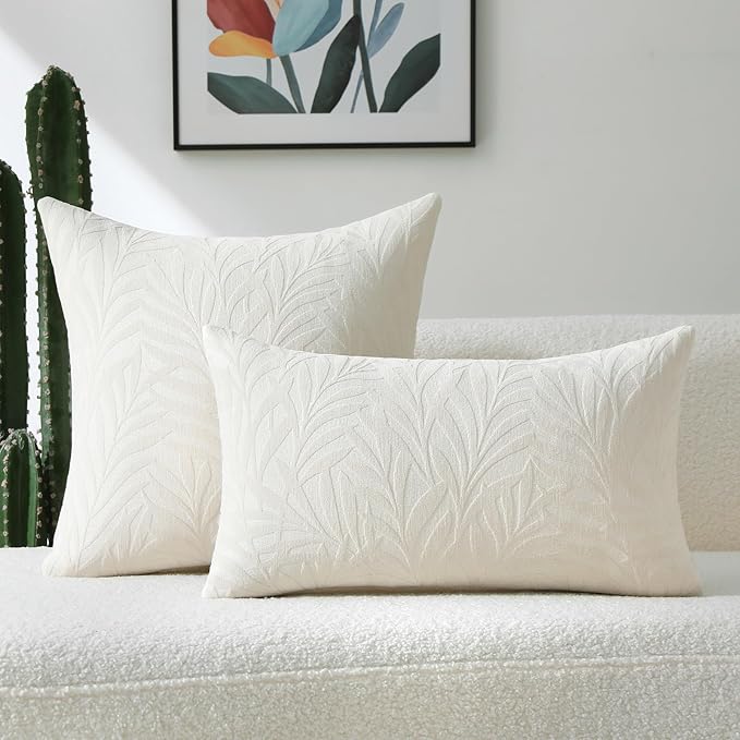 FUTEI Cream Decorative Throw Pillow Covers 22x22 Inch Set of 2,Soft Chenille Phoenix Tail Leaf Textured Cushion Case,Modern Home Decor for Couch Bed Living Room