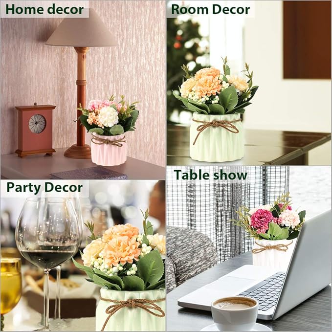 Artificial Hydrangea Bouquet with Small Ceramic Vase Fake Silk Variety Flower Balls Flowers Decoration for Table Home Party Office Wedding (Green)
