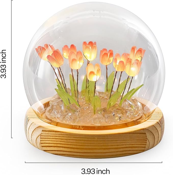 ONXE Birthday Flower Gifts for Mom,Tulips Night Light Small Glass Flower Lamp with Wooden Base for Home Decor Romantic Unique Christmas Gift for Women Girlfriend Sister Grandma Wife Her