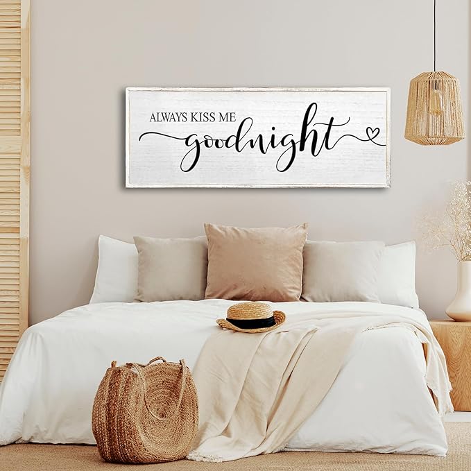 Always Kiss Me Goodnight Wall Sign 40''×15'' Vintage Master Bedroom Above Bed Farmhouse Wooden Framed Family Wall Decor for Larg Couples Over Bed Wall Art Decoration (White)