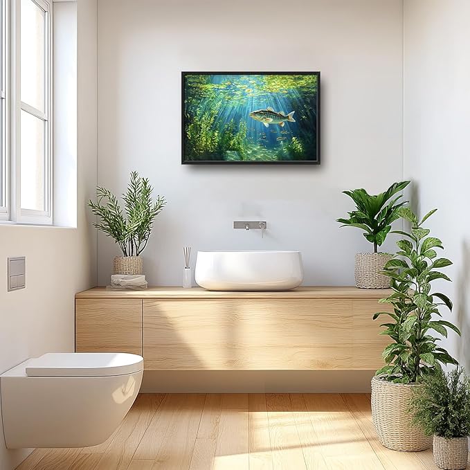 Flintis Large Ocean Fish Framed Wall Art Natural Green Plants Pictures Wall Decor Abstract Fishing Canvas Painting Print Artworks Decor Framed for Living Room Bathroom Master Bedroom 36L X 24W