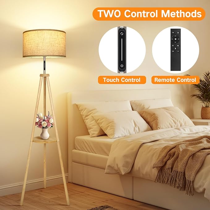 OUTON Wood Tripod Floor Lamp with Shelves, Mid Century LED Modern Dimmable Floor Lamp with Remote Control, Sturdy Tall Standing Lamp with Beige Lamp Shade for Living Room, Bedroom, Office