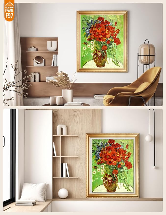 DECORARTS - Red Poppies and Daisies, Vincent Van Gogh Art Reproduction. Acid Free Cotton Canvas Giclee Print w/Bronze Frame&Mat for Wall Decor.