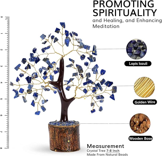 NARIBABU Lapis Lazuli Crystal Tree (7–8 Inch, 100 Chips) – Handmade Gemstone Tree with Raw Stones & Golden Wire – Birthday Gifts for Women, Gift for Her, Spiritual Decor, Office Desk