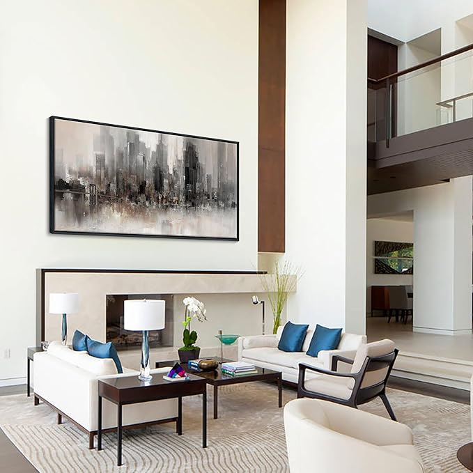Nyc Skyline Painting Wall Art Grey Buildings Picture for Living Room Modern Home Bedroom Decoration Black and White and Brown Framed Artwork Decor