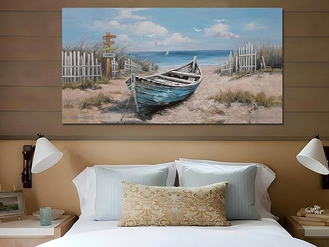 Ardemy Blue Coastal Canvas Wall Art for Living Room Textured Beach Painting Turquoise Teal Bedroom Picture Modern Boat Artwork Framed Home Office Kitchen Wall Decor, Large 48"x24"