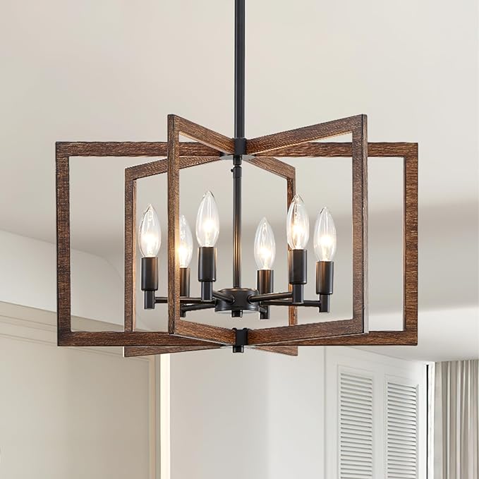 Modern Farmhouse Chandelier 20'' Black and Wood Grain 6-Light Pendant Lighting Fixture for Dining Living Room Kitchen Entryway, Geometric Metal Vintage Adjustable Hanging Chandelier Lamp