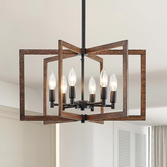 Modern Farmhouse Chandelier 20'' Black and Wood Grain 6-Light Pendant Lighting Fixture for Dining Living Room Kitchen Entryway, Geometric Metal Vintage Adjustable Hanging Chandelier Lamp