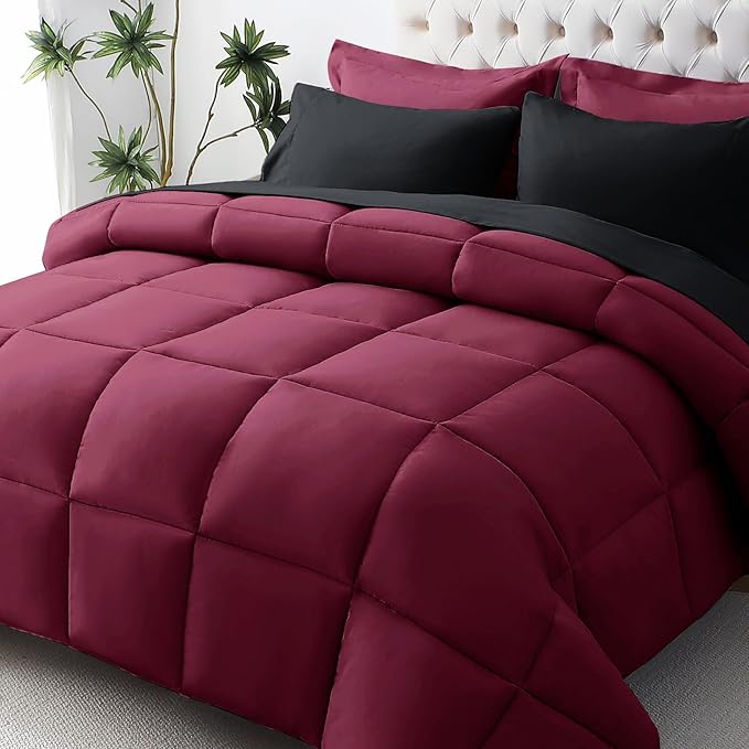 JOLLYVOGUE King Comforter Set, Ultra-Soft Bed in a Bag King Size 7 Pieces, Oeko-TEX Certified Bedding Set with Down Alternative Comforter, Sheets, Pillowcases & Shams, Burgundy & Black